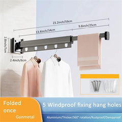 No Punching Grey and White Wall-Mounted Foldable Aluminum Alloy Clothes Drying Rack for Balcony Bedroom Kitchen Living Room