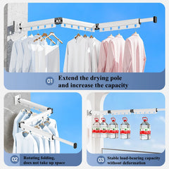 No Punching Grey and White Wall-Mounted Foldable Aluminum Alloy Clothes Drying Rack for Balcony Bedroom Kitchen Living Room