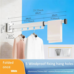 No Punching Grey and White Wall-Mounted Foldable Aluminum Alloy Clothes Drying Rack for Balcony Bedroom Kitchen Living Room