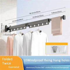 No Punching Grey and White Wall-Mounted Foldable Aluminum Alloy Clothes Drying Rack for Balcony Bedroom Kitchen Living Room